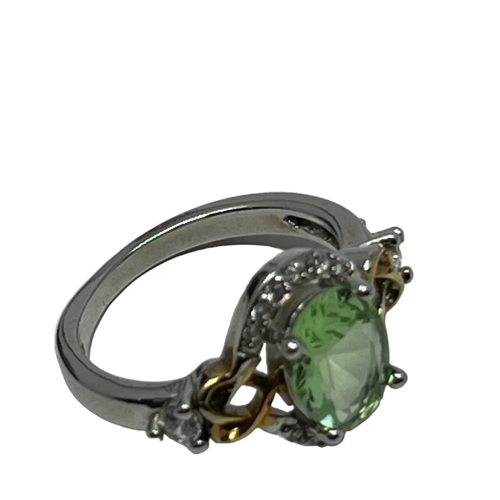 JEWLR Womens Ring 925 Sterling Silver and Gold Tone Light Green and Clear Stones